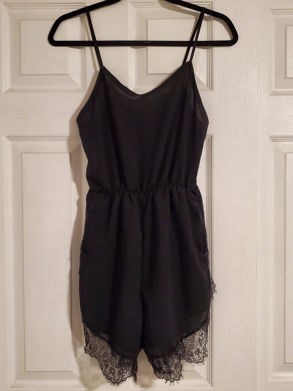 Satin Lace-Trim Black Romper with Adjustable Straps